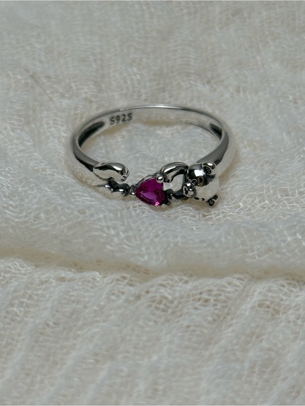 925 Sterling Silver Heart Accent Ring with Pink Stone, Size 6